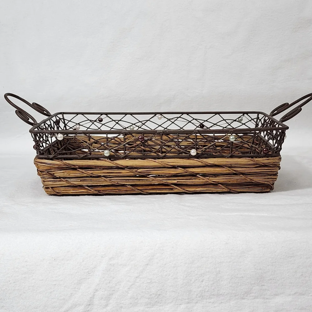 Rustic Rectangular‎ Woven Wicker Basket With Wire Handles and Frame